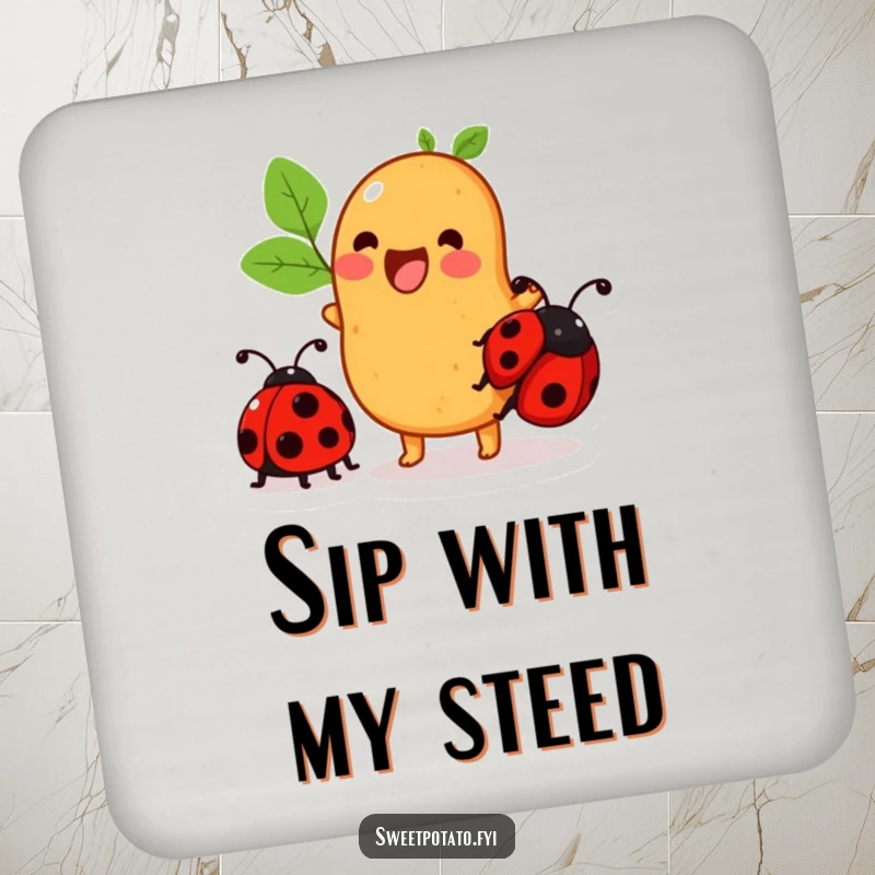 Funny sweet potato coaster showcasing a character excitedly trying to ride a ladybug, adding playful decor.