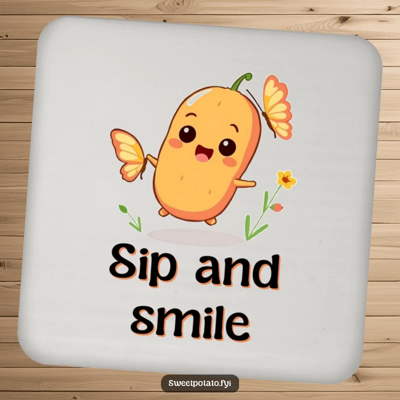 Funny drink coaster showing a playful sweet potato character chasing a butterfly with a big smile, adding cheerful tabletop humor.