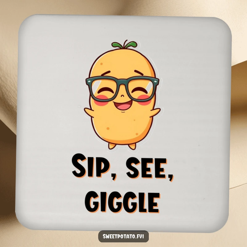 Funny drink coaster with a sweet potato character wearing glasses, giggling and protecting your furniture with smarts.