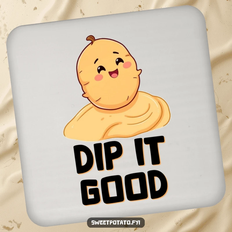 Funny coaster displaying a delighted sweet potato character rolling down a smooth slope of hummus.
