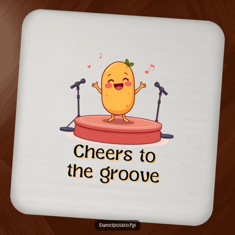 Funny sweet potato character doing a happy jig, a humorous coaster for drinks.