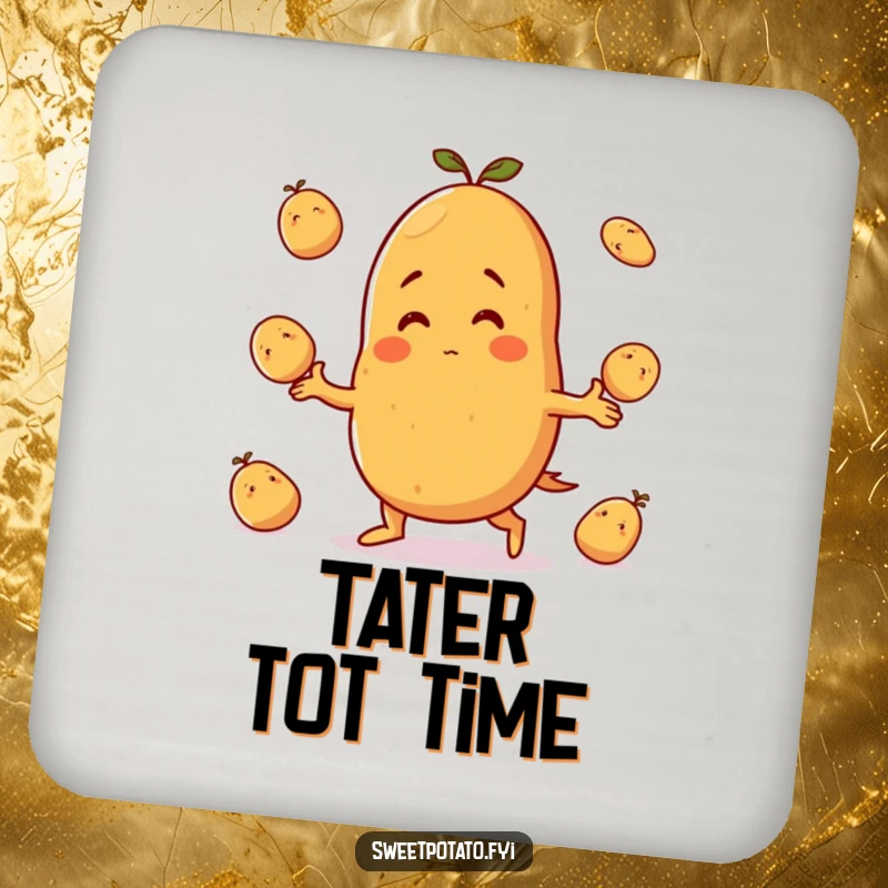 Funny coaster: A sweet potato character grins widely while juggling small potatoes, protecting surfaces with playful charm.