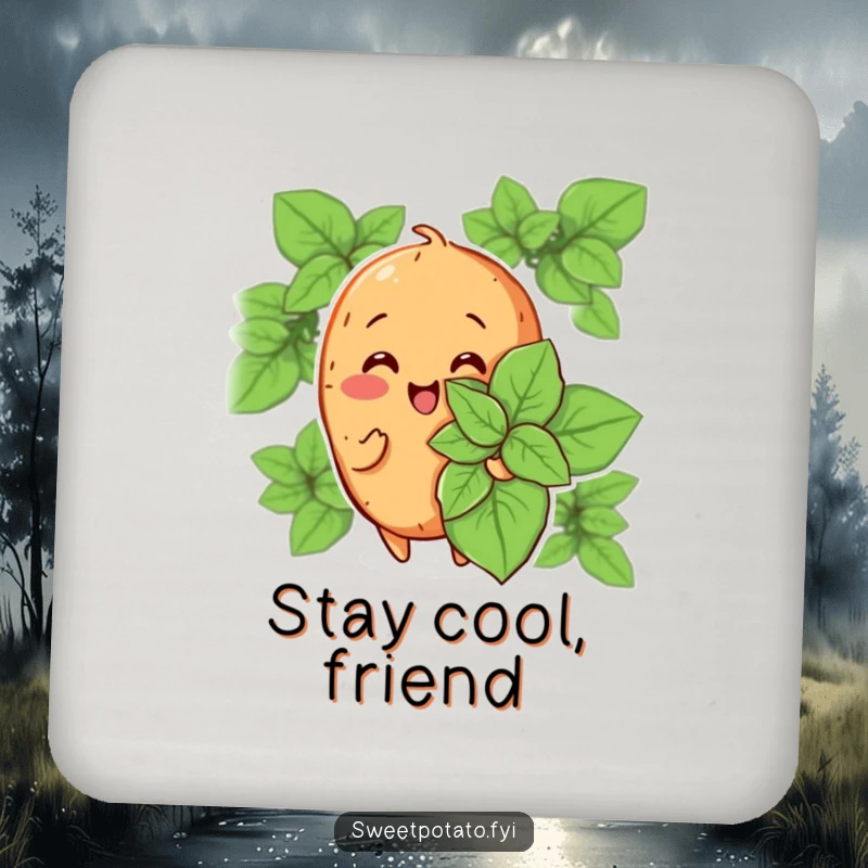 Funny drink coaster featuring a cheerful sweet potato character fanning itself with a large mint leaf, adding cool humor to any surface.