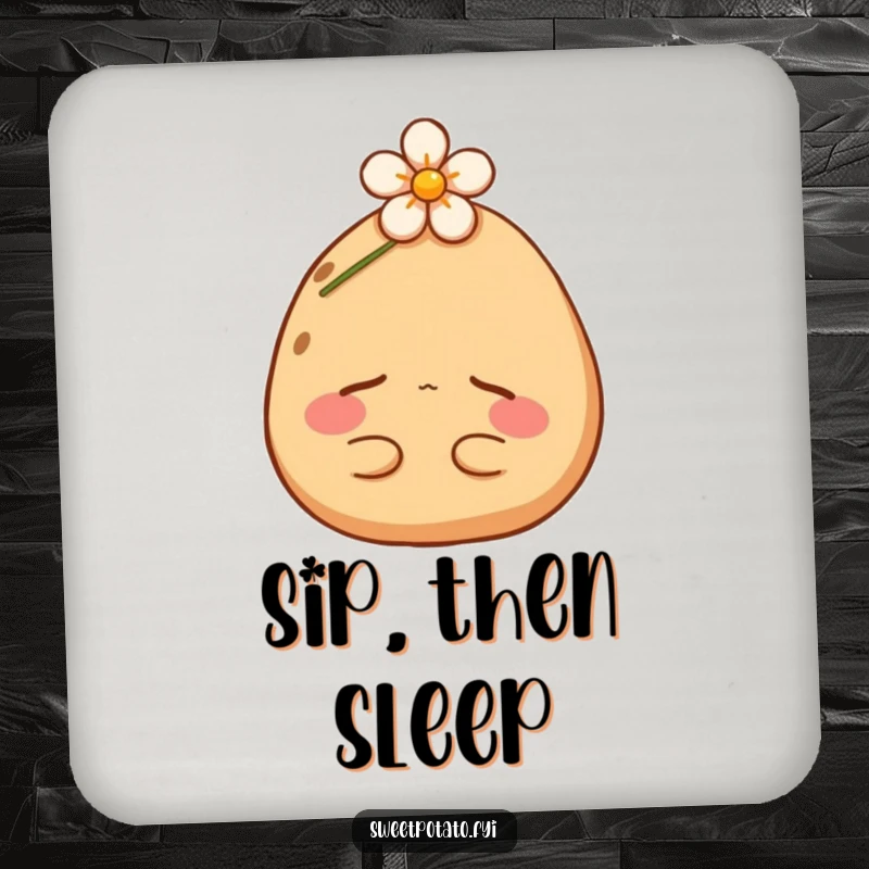 Funny sweet potato coaster with a content spud napping under a flower. Protects surfaces with a humorous and cute design.