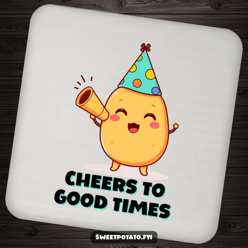 Funny happy sweet potato character wearing a party hat and blowing a horn on a humorous drink coaster, perfect for home decor.