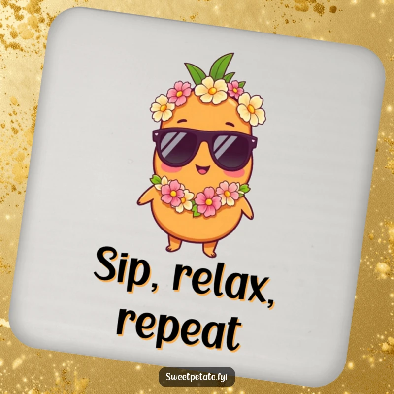 Funny coaster: A sweet potato character in sunglasses and a lei looks relaxed and ready for vacation, adding tropical flair.