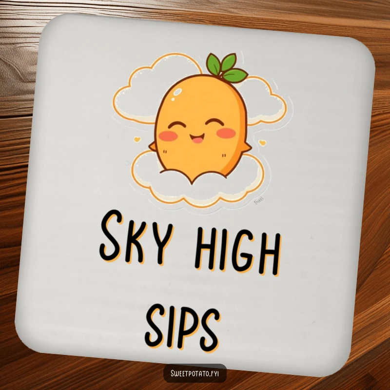 Funny drink coaster with a winking sweet potato character riding a happy cloud, a delightful addition to any table.