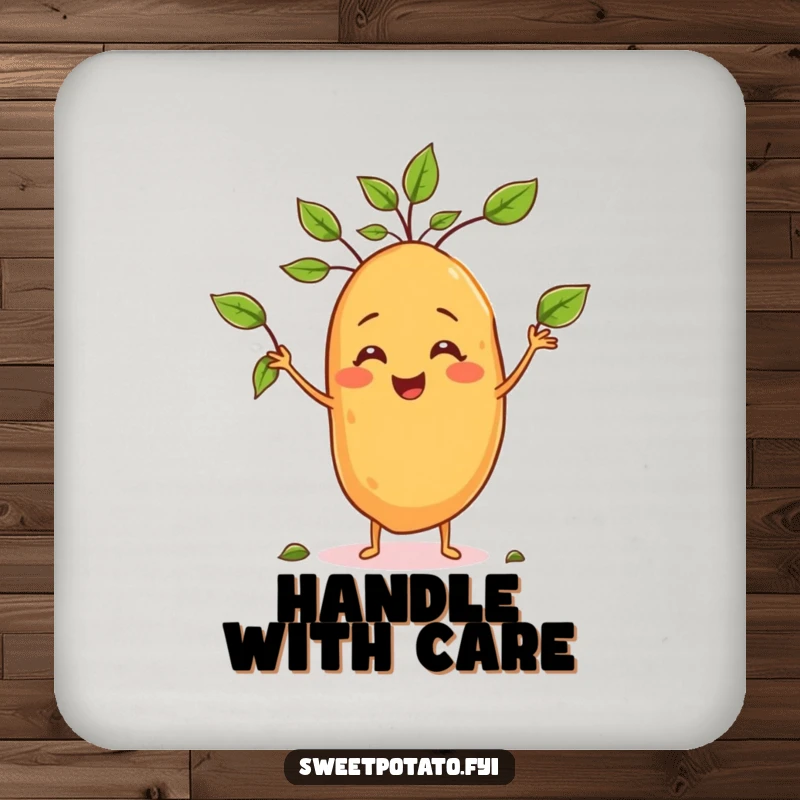 Funny drink coaster showing a sweet potato character juggling leaves, perfect for a touch of playful decor.