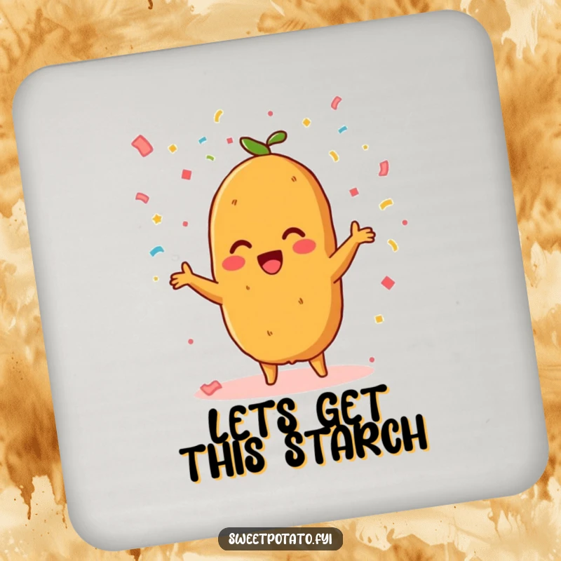 Funny coaster featuring a beaming sweet potato character showering confetti, adding a festive touch to any drink setup.