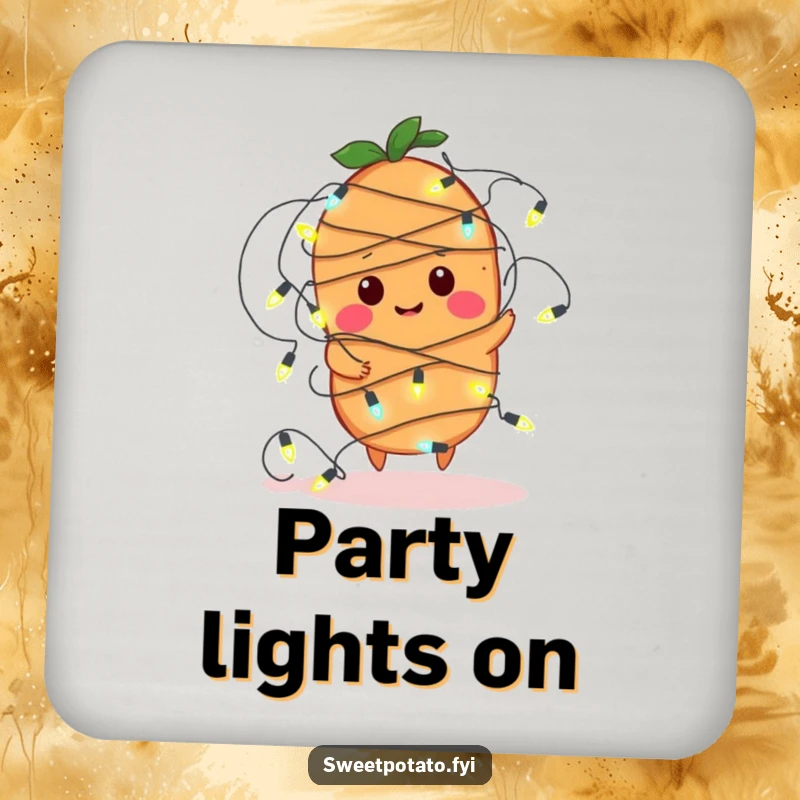 Funny drink coaster featuring a sweet potato character comically tangled in fairy lights, protecting furniture with festive humor.