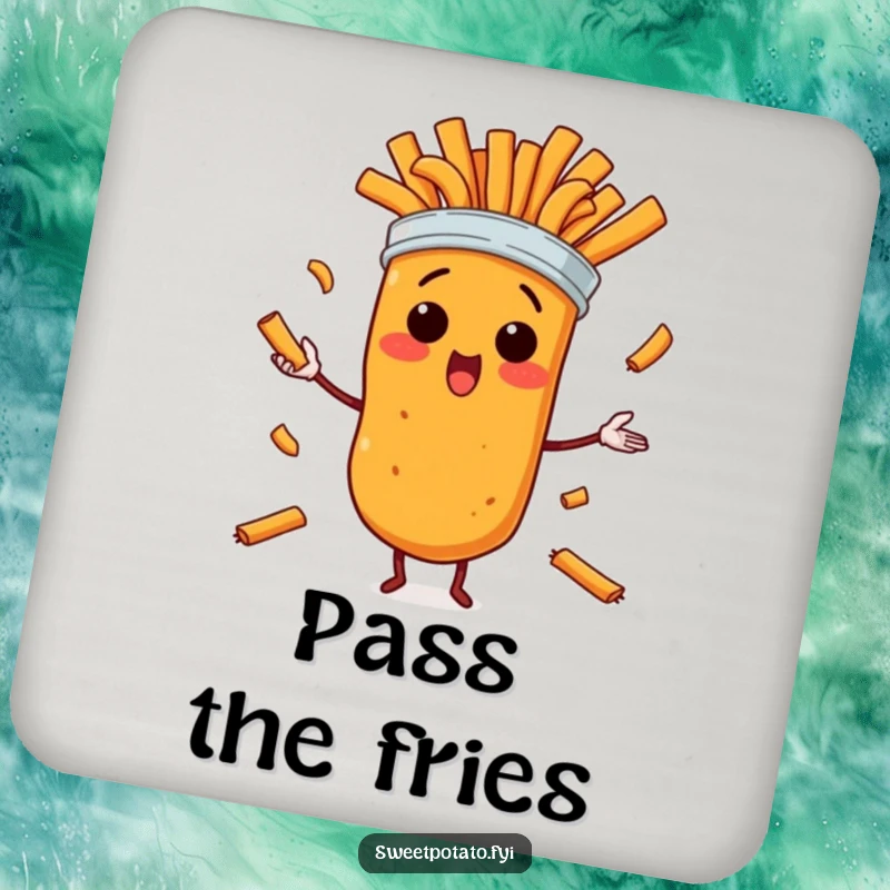Funny drink coaster showing a surprised sweet potato character in a humorous juggling feat with sweet potato fries, a practical joke.