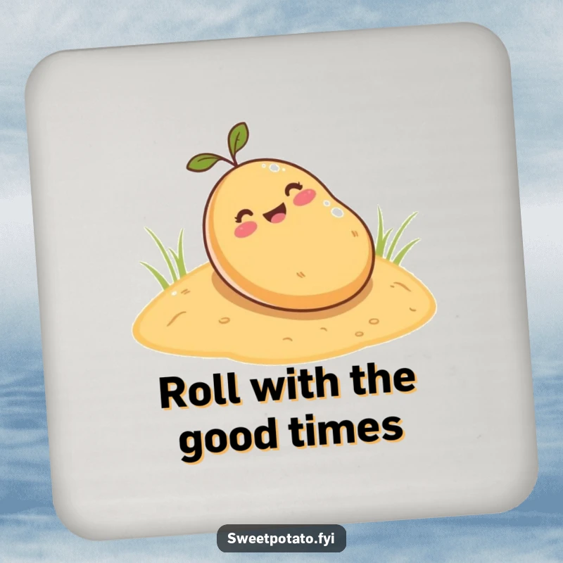 Funny sweet potato coaster, showcasing a cartoon sweet potato happily rolling down a sandy hill, adding humor and protecting surfaces.