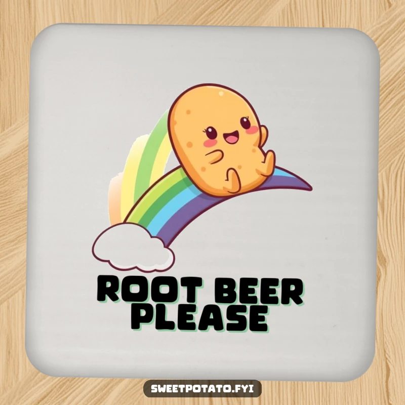 Funny drink coaster showing a sweet potato character joyfully sliding down a rainbow, a small piece of art.