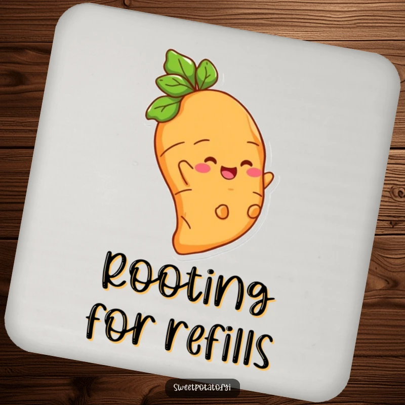 Funny coaster featuring a happy sweet potato character sliding down a root, protecting surfaces with humor.