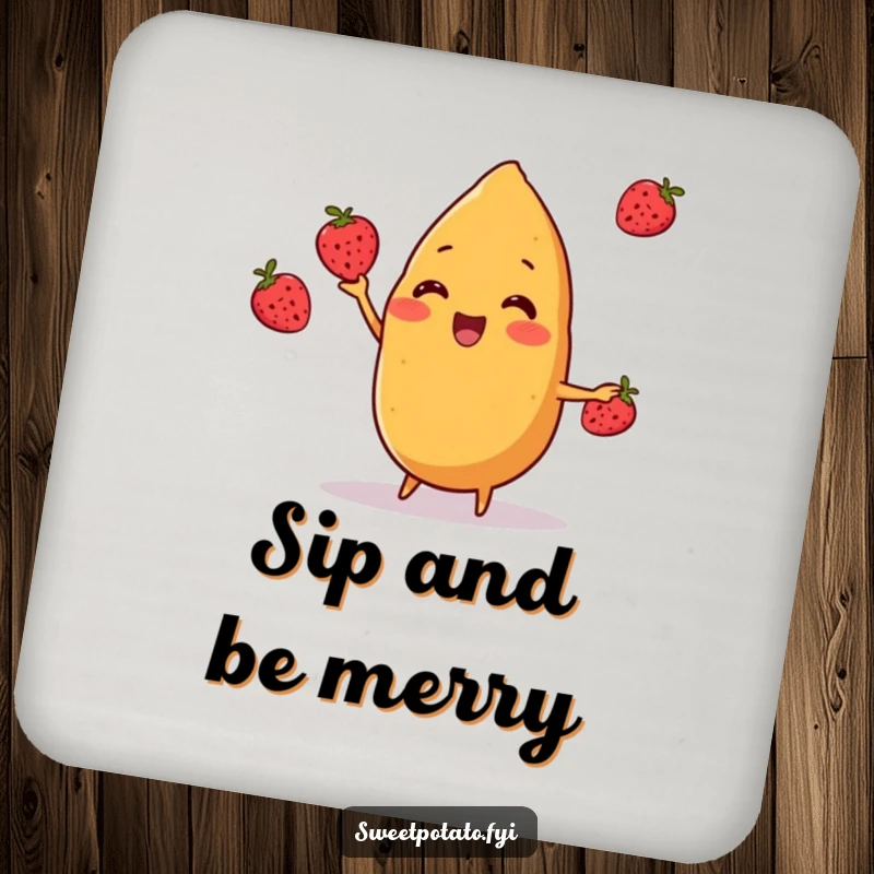 Funny sweet potato character cheerfully juggling three small berries on a drink coaster, offering surface protection with wholesome humor, a funny gift.