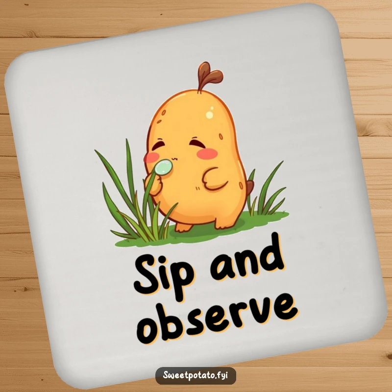 Funny drink coaster showing a curious sweet potato character sniffing a dewdrop on grass, adding a touch of quiet tabletop humor.