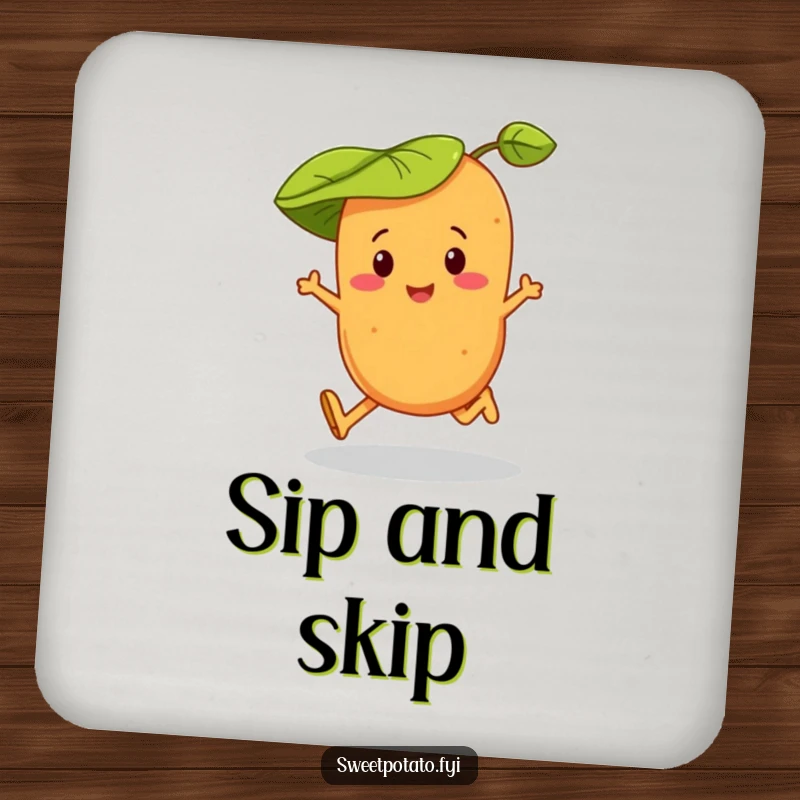 Funny drink coaster with a sweet potato character in a leaf hat, happily skipping and guarding your surfaces.