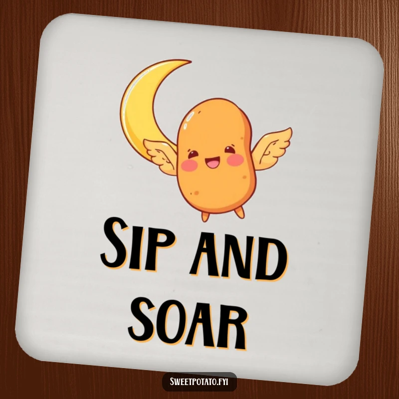 Funny sweet potato character coaster, with wings, joyfully flying towards a crescent moon, protecting surfaces with whimsical art.