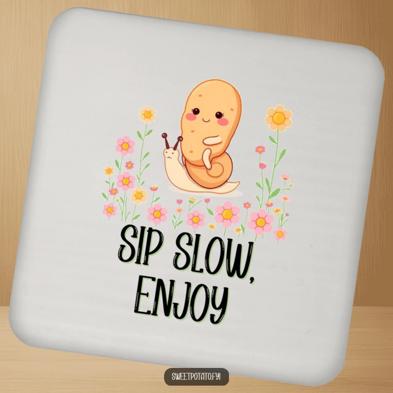 Funny sweet potato character coaster, riding a tiny, happy snail through a field of flowers, protecting surfaces with charming art.