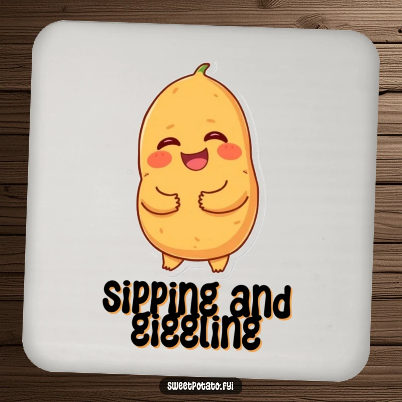 Funny giggling sweet potato coaster, showcasing a cartoon sweet potato holding its tummy and laughing, adding humor and protecting surfaces.