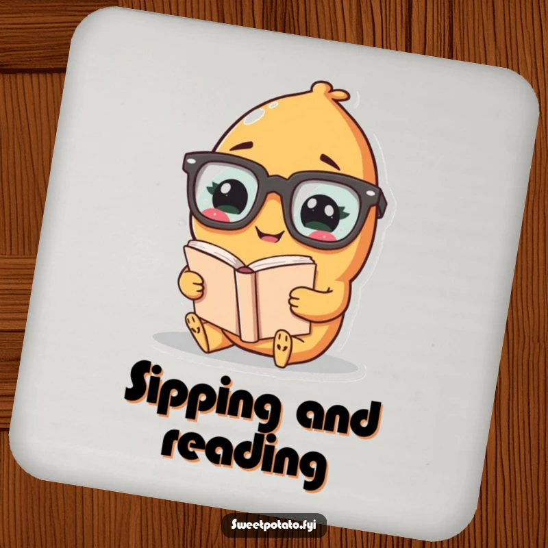 Funny coaster featuring a giggling sweet potato character in oversized glasses, reading a book, protecting surfaces.