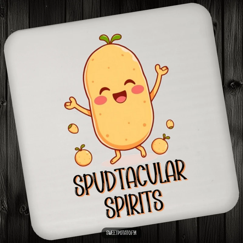 Funny coaster featuring a delighted sweet potato character dancing happily with small spuds, adding rhythm to any drink.