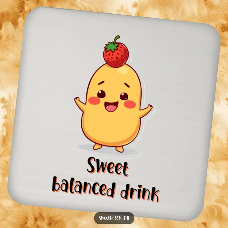 Funny drink coaster featuring a grinning sweet potato character balancing a strawberry on its head, adding playful humor to any surface.
