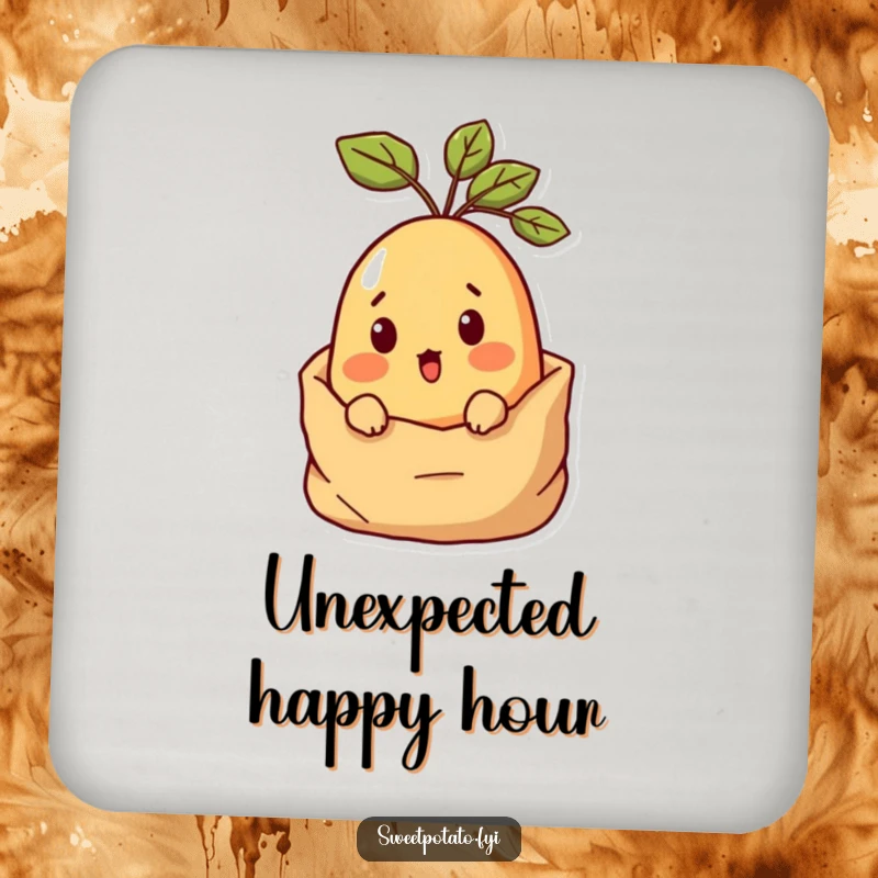 Funny Surprised Sweet Potato Coasters featuring sweet potato characters peeking with surprise from sacks, adding humor to tables.