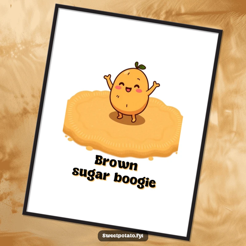 Funny sweet potato character doing a happy little dance on a soft bed of brown sugar, a cheerful and funny poster.