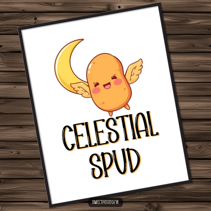 Funny sweet potato character poster, sprouting wings and joyfully flying towards a crescent moon, whimsical and celestial wall art.