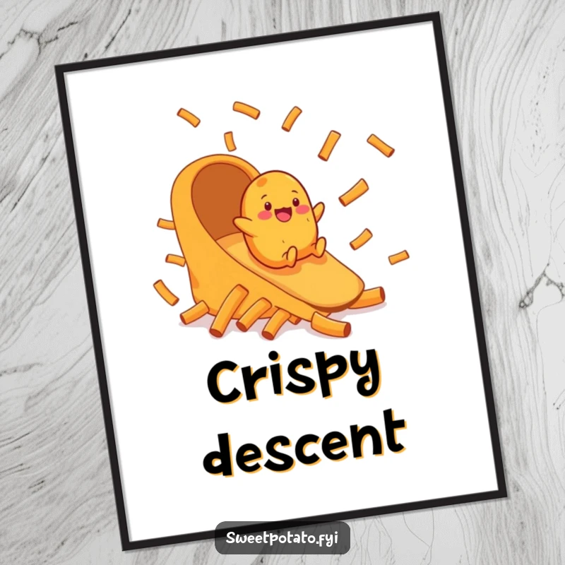 Funny poster showing a happy sweet potato character gleefully sliding down a chute made entirely of crispy sweet potato fries.