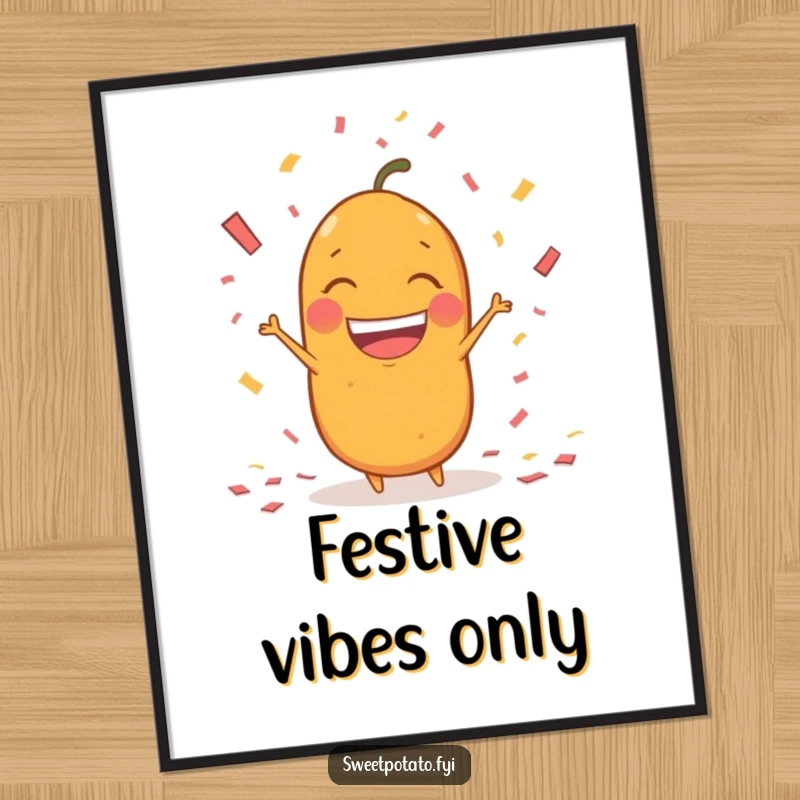 Funny sweet potato character poster, throwing confetti with a huge, excited grin, vibrant and celebratory wall art.