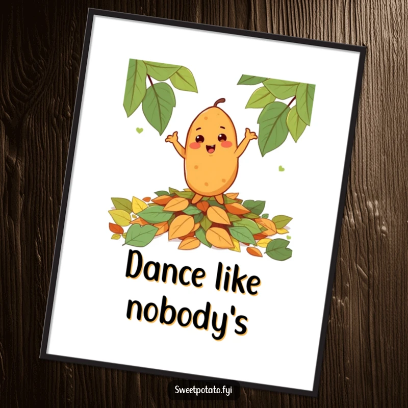 Funny cheerful sweet potato character happily dancing on a pile of autumn leaves, displayed as vibrant wall art.