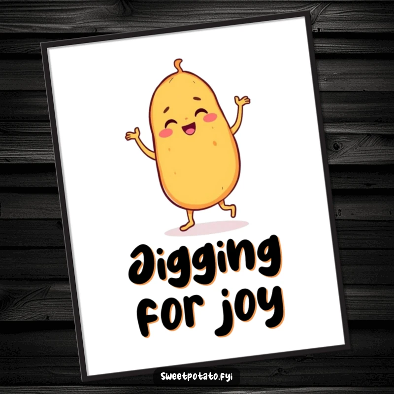 Funny sweet potato poster capturing a dancing character in a joyful jig, full of motion and infectious, happy energy.