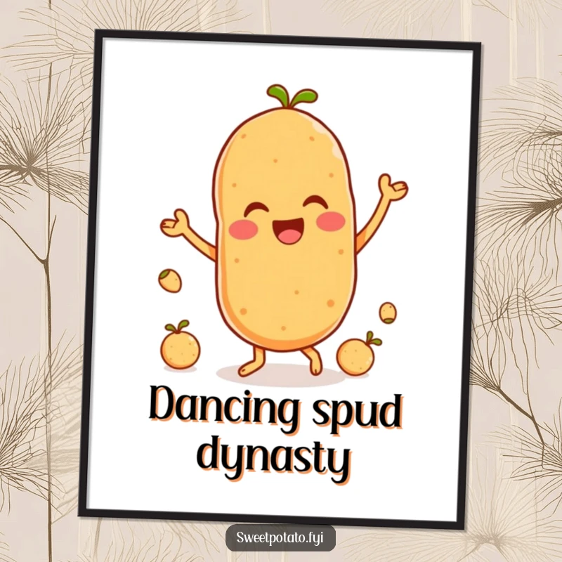 Funny poster of a delighted sweet potato character joyfully dancing with several adorable little spuds, creating a vibrant scene.