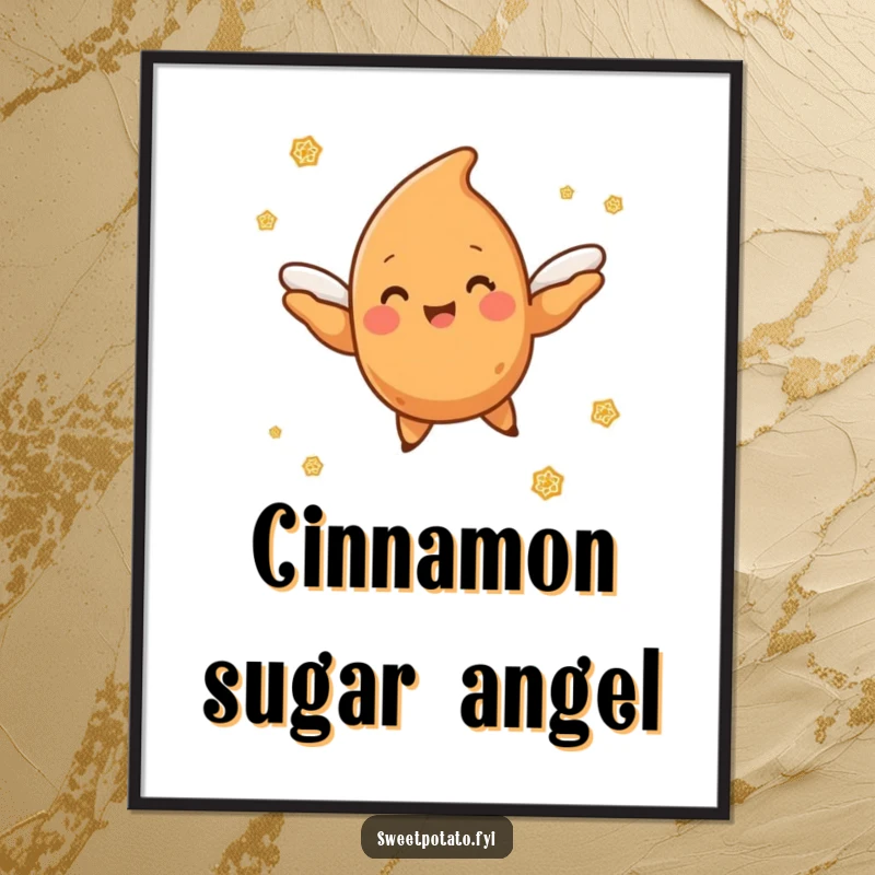 Funny sweet potato character with tiny wings soaring through a magical cloud of cinnamon sugar, a whimsical poster.