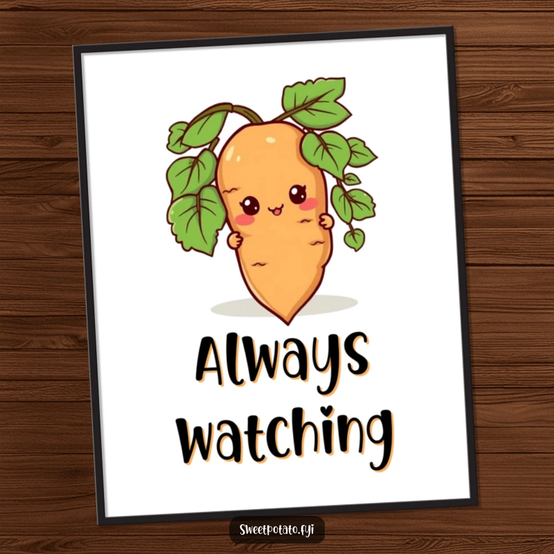 Funny poster of a sweet potato character peeking from behind a root, adding a touch of playful mystery and humor.
