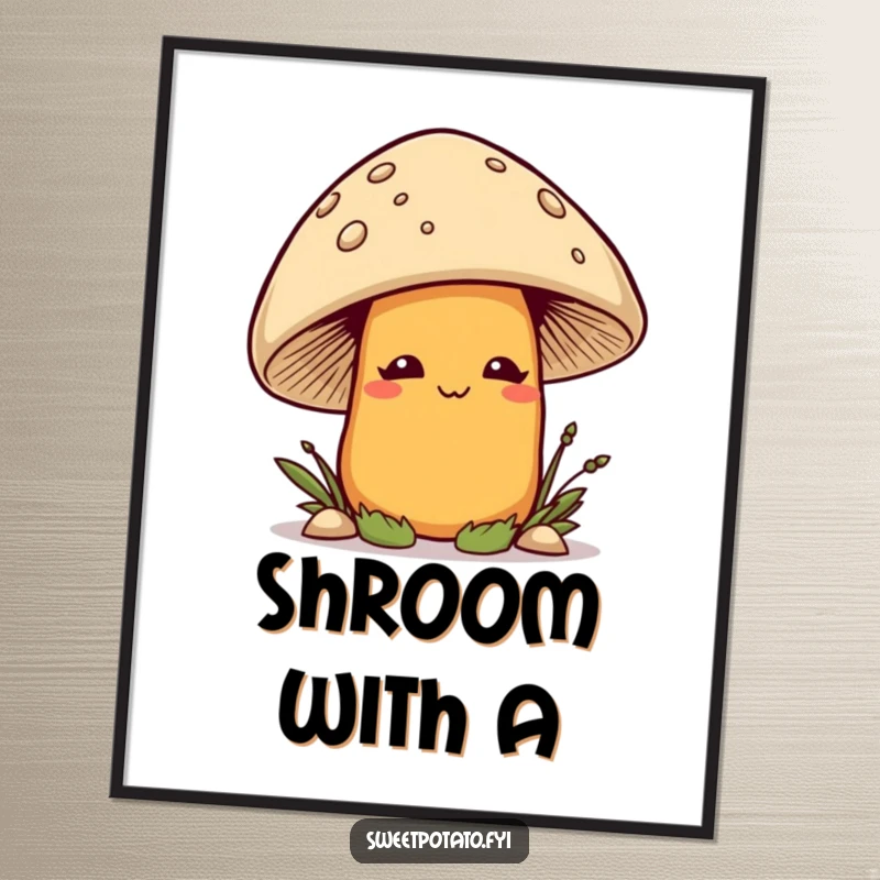 Funny smirking sweet potato character playfully peeking out from behind a large mushroom, displayed as vibrant wall art.