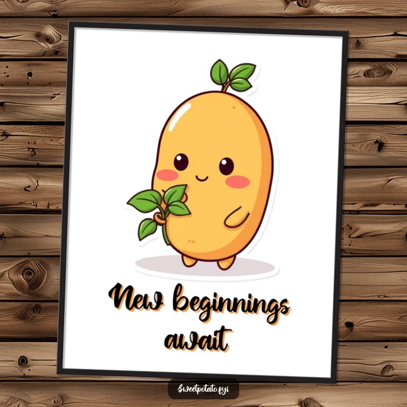 Funny poster of a sweet potato character holding a tiny sprout, symbolizing growth and gentle, humorous inspiration.