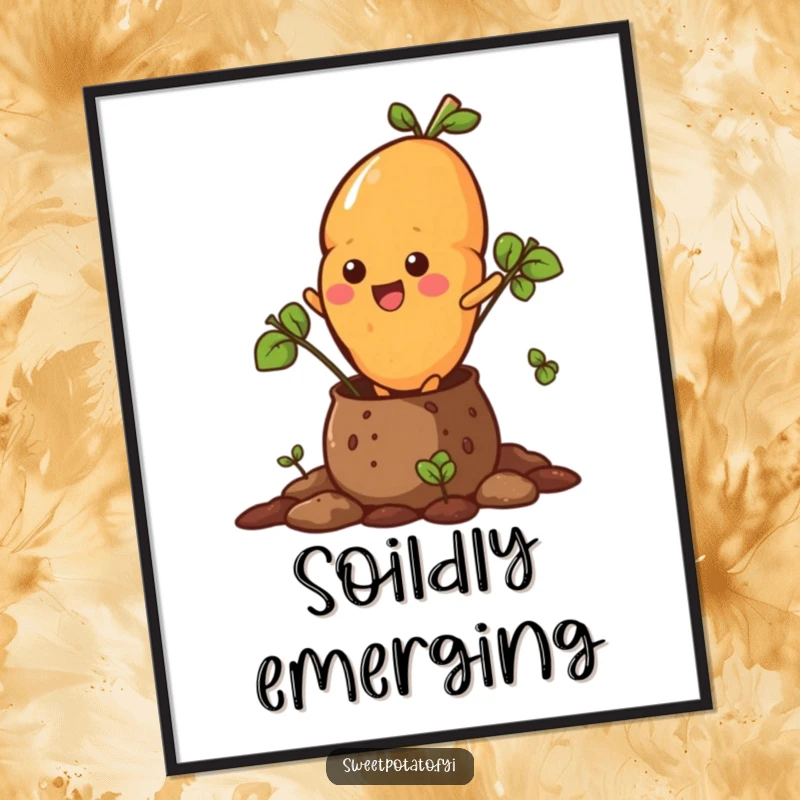 Funny poster showing a sweet potato character dramatically bursting out of a soil pot with intense energy.