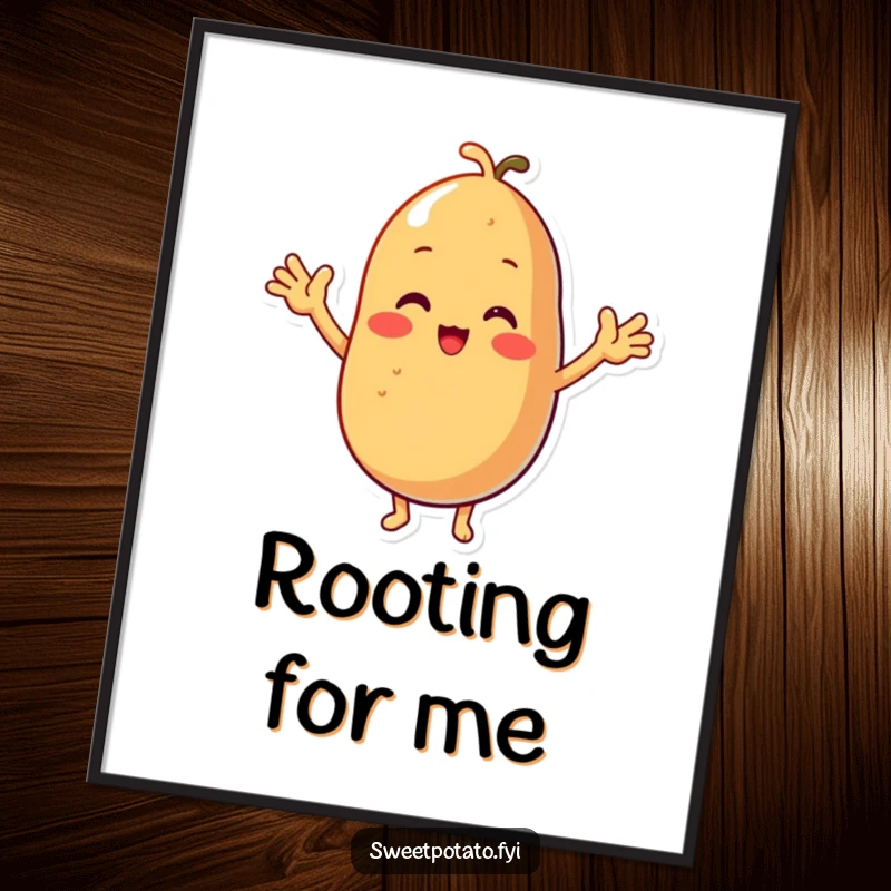 Funny poster displaying a sweet potato character with comically tiny arms, captured mid-cheer with boundless energy.