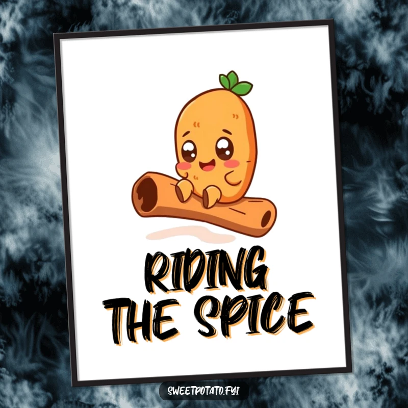 Funny poster showing a wide-eyed sweet potato character joyfully sliding down a giant cinnamon stick, bringing lively color and humorous thrill.
