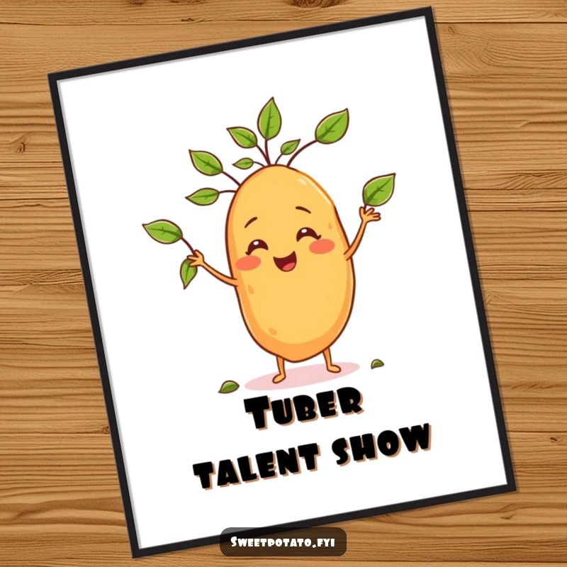 Funny poster of a smiling sweet potato character juggling tiny leaves, creating a whimsical and delightful wall display.