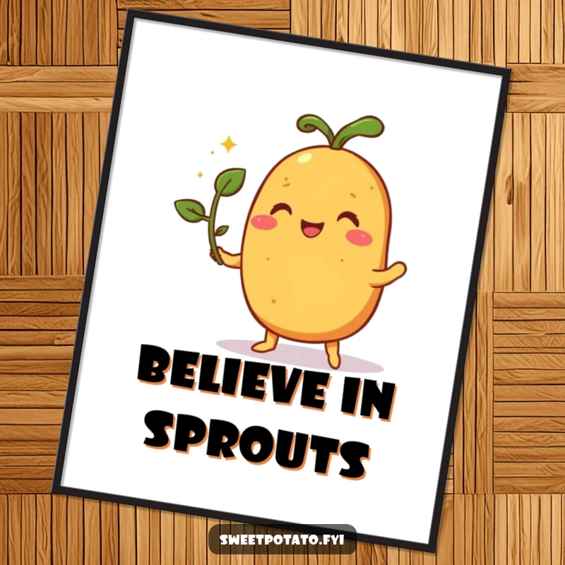 Funny poster of a pleased sweet potato character skillfully performing a magic trick with a small sprout, looking delighted.