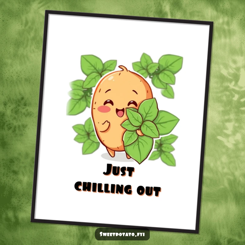 Funny poster showing a cheerful sweet potato character fanning itself with a large mint leaf, bringing a sense of calm, cool humor to any wall.
