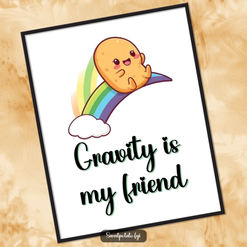 Funny poster depicting a sweet potato character gleefully sliding down a vivid rainbow, creating a whimsical and humorous scene.