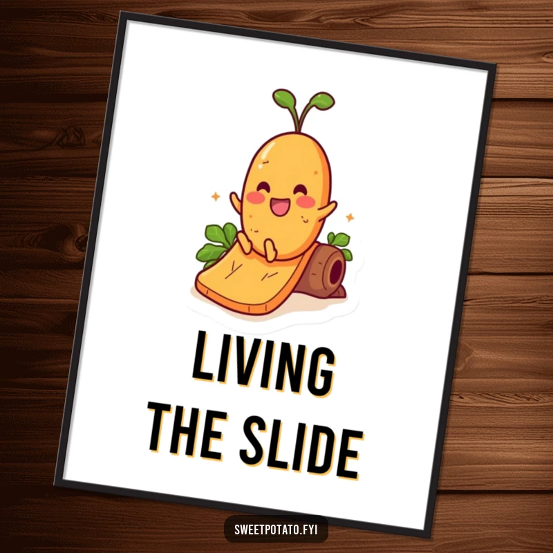 Funny poster of a cheerful sweet potato character joyfully sliding down a smooth yam slide, capturing a moment of pure exhilaration.