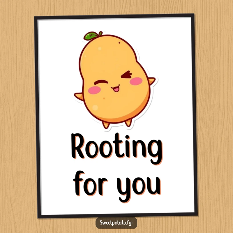Funny poster of a sweet potato character giving a sly wink and a mischievous grin, adding humor to wall decor.