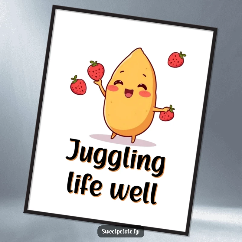 Funny sweet potato character cheerfully juggling three small berries on a poster, a cheerful and humorous wall art piece, a funny gift.