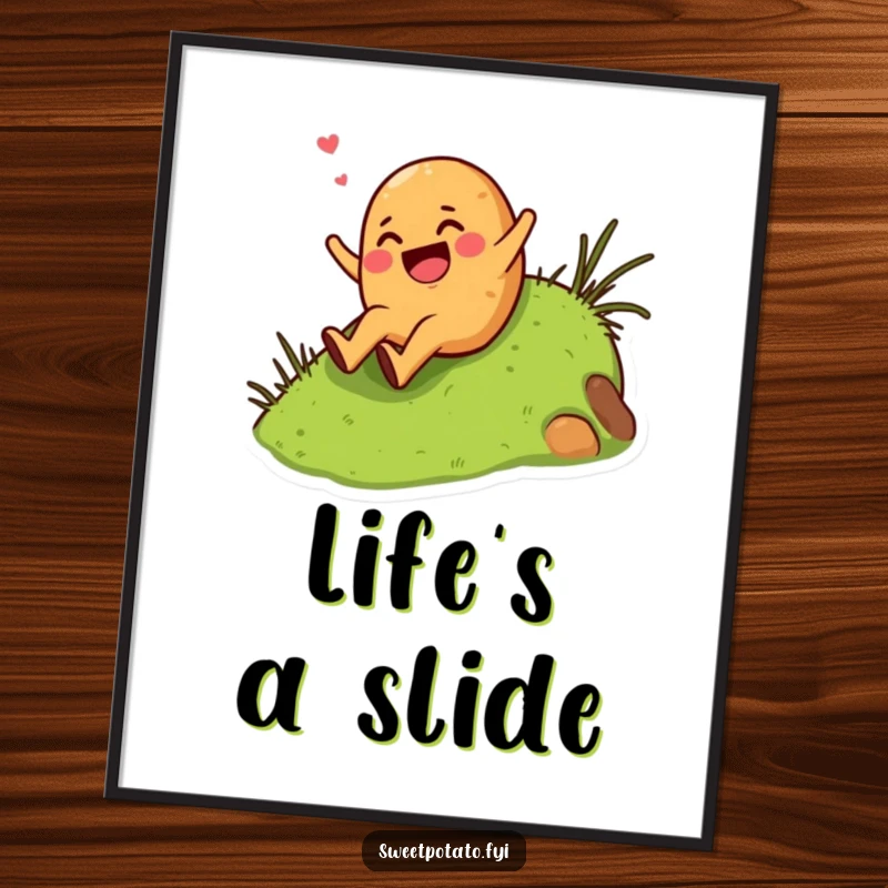 Funny giggling sweet potato character enthusiastically sliding down a grassy hill, displayed as vibrant wall art.